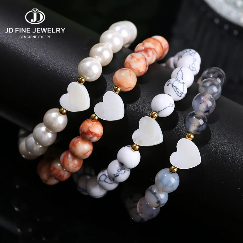 JD Natural White Shell Heart Bracelet Women Trendy Round Bead Handmade Stretch Lovers Bangles Single Circle Wrist Jewlery Gift