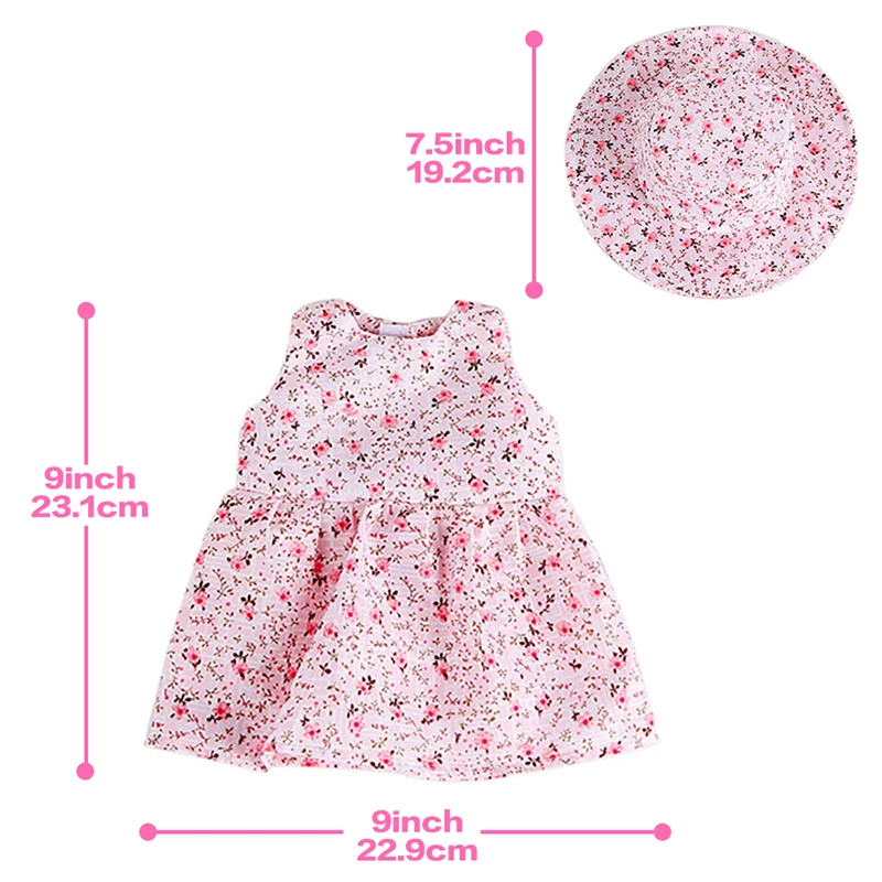Zestaw sukienek z kapeluszem pasuje do 16-18 cali/40-45 cm Born Baby Doll ubranka Rebirth Doll amerykańska dziewczyna sukienka w kwiaty kapelusz przeciwsłoneczny akcesoria dla lalek prezent — zdjęcie 5