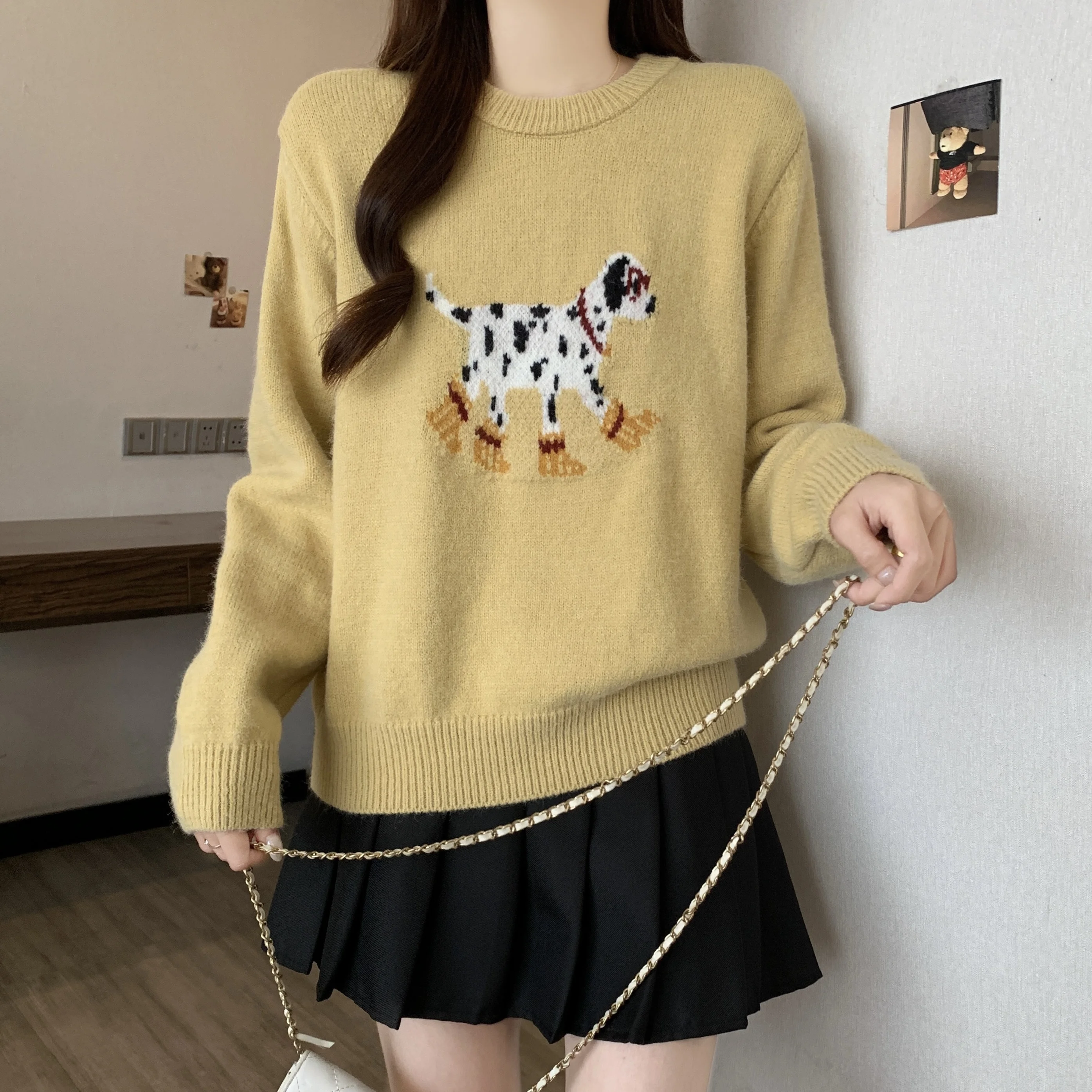 2026 جديد الكورية الكرتون الكلب س الرقبة محبوك سترة المرأة ربيع الخريف بسيط كم طويل فضفاض البلوز بلوزات غير رسمية متعددة الاستخدامات #1