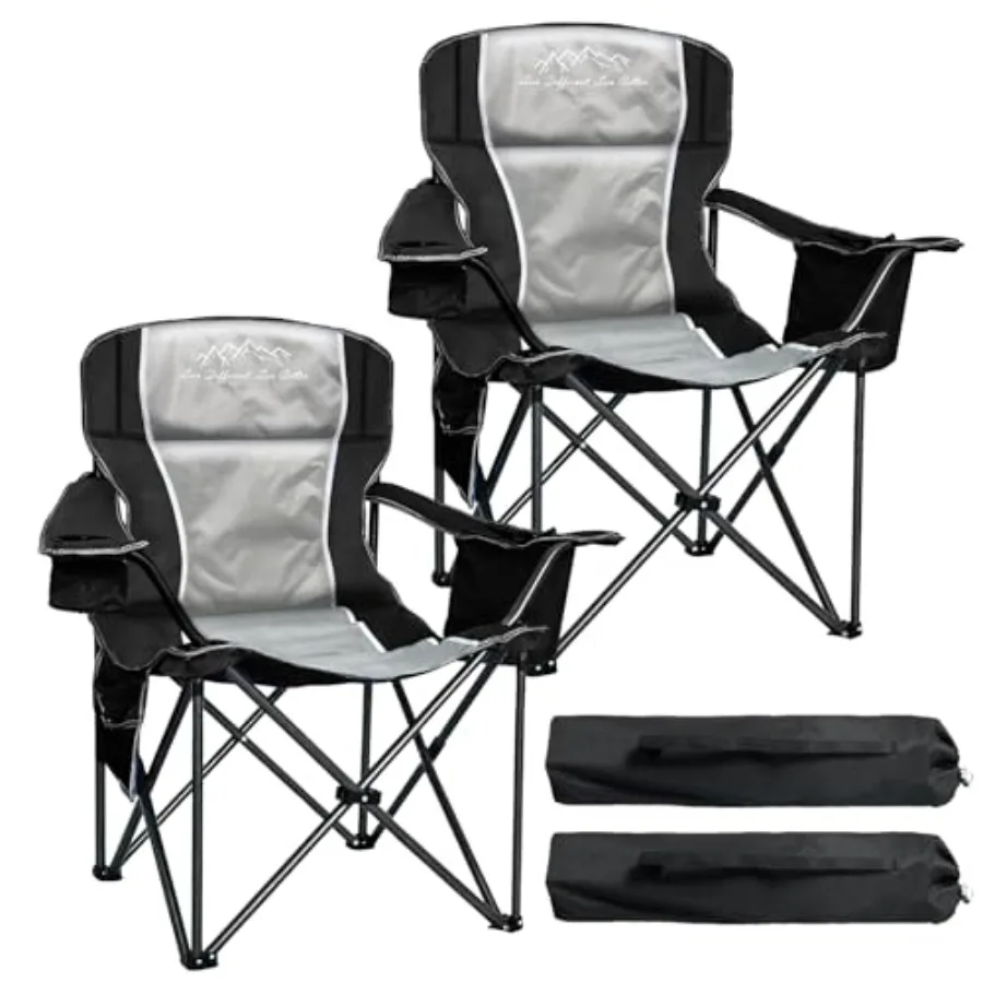 

Camping Chairs for Adults: Heavy Duty 500lbs Capacity, Steel Frame, Black, High Back with Padded Seat, Cooler Bag, Cup Holder S
