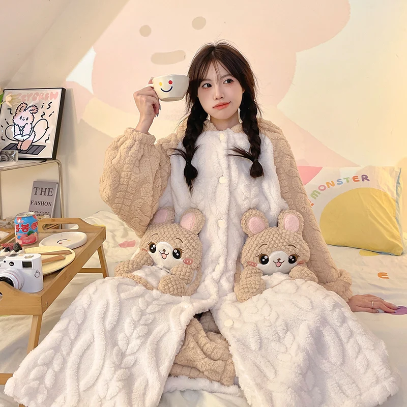 Winter Women Robes Nightgown Korean Pajamas Set Coral Velvet  Thicken Soft Warm Girl Loose Cartoon Bunny Sleepwear 2 Piece Set