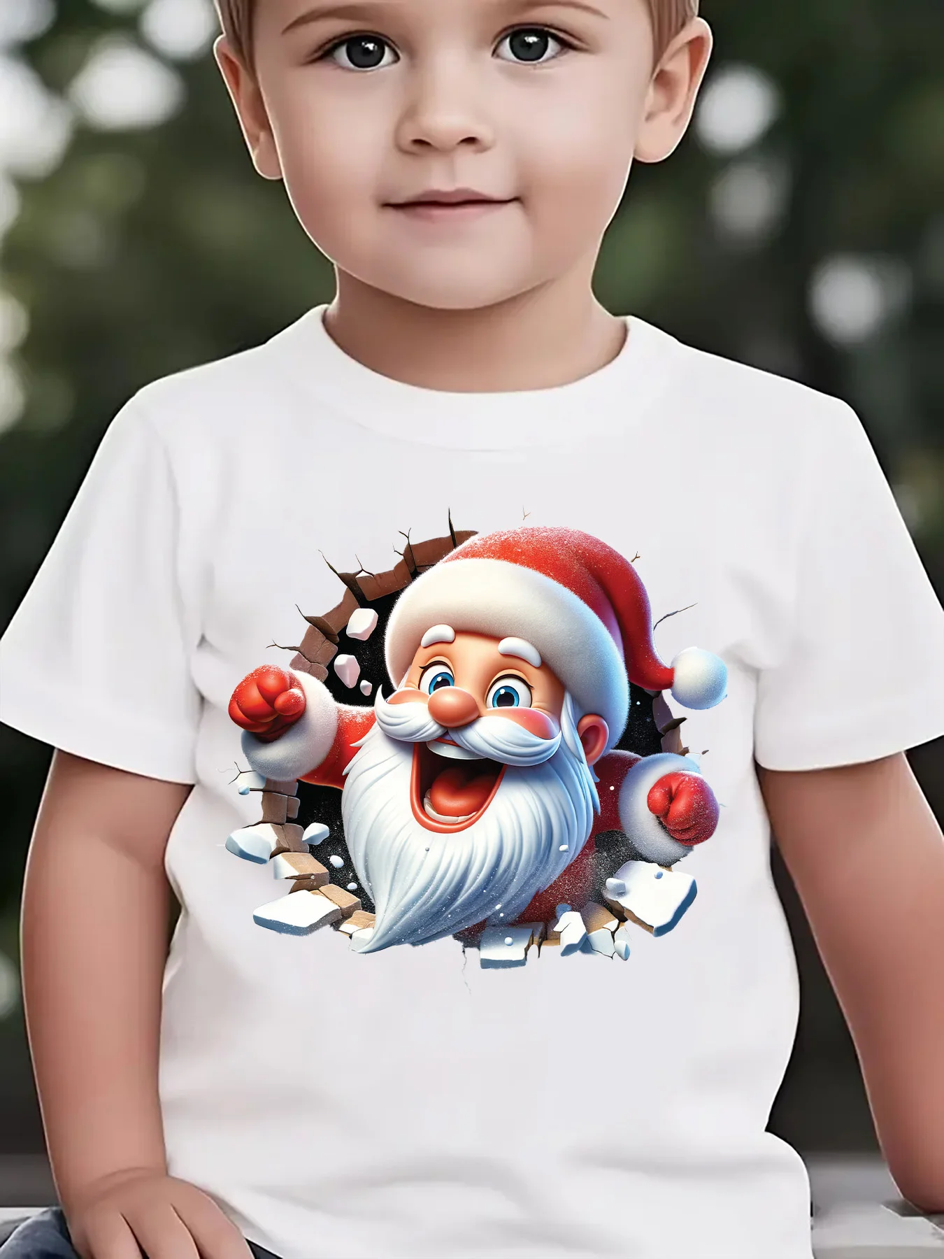 Kids Boys Girls Parent Child Matching Tee Christmas 3D Break Wall Santa Claus Graphic Print Short Sleeve Crew Neck Soft Tee