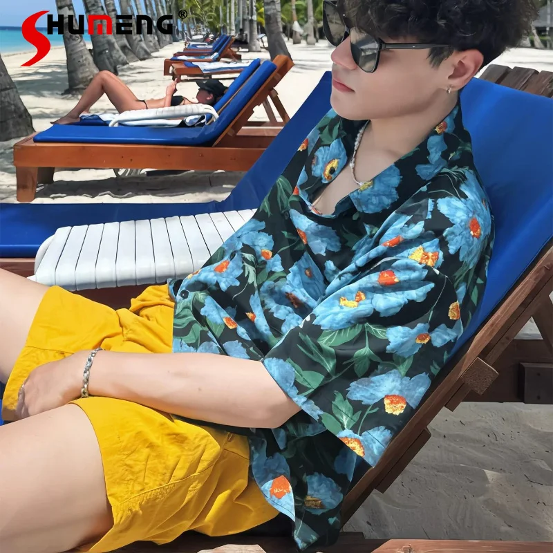 

Fashion Trendy Full Print Short-sleeve Shirts Men's 2026 Summer New Lapel Stylish Loose Tops Male Elegant Handsome Shirt Jackets