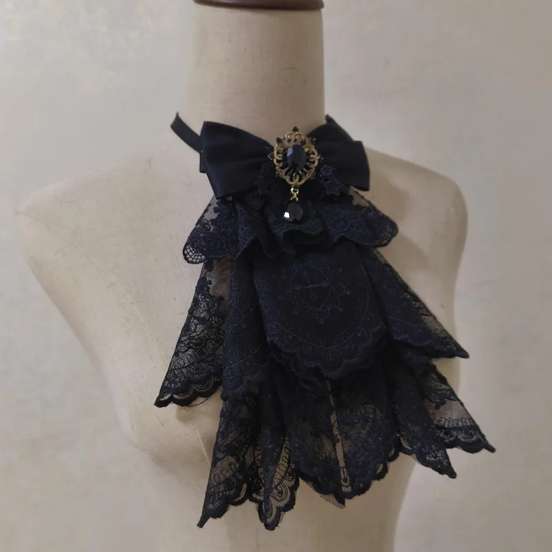 Ręcznie Robiony Elegancki Kołnierzyk Jabot z Koronkowym Krzyżem, Akcesoria Lolita, Gotycki Cosplay, Sztuczny Kołnierzyk, Warstwowy Kołnierzyk z Falbankami, Odpinany Kołnierzyk do Wiązania