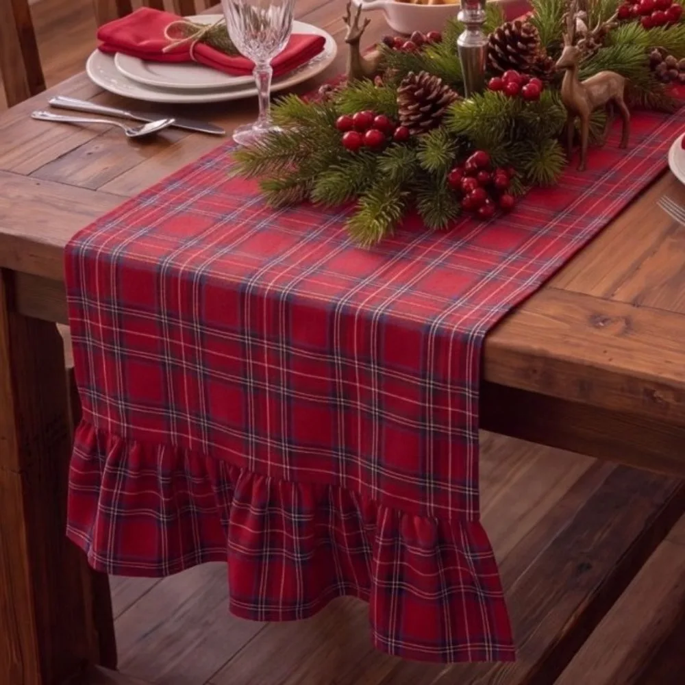 Double Ended Lotus Leaf Edge Christmas Table Runner Washable Checkered Plaid Table Runner Vintage Rustic Style