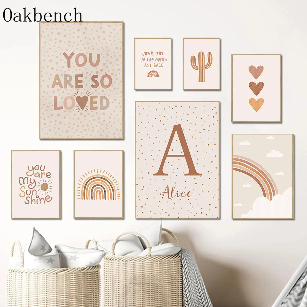 Boho Rainbow Wall Poster Custom Name Posters Alphabet Poster Unicorn Art Painting Alpaca Nordic Wall Pictures Kids Room Decor