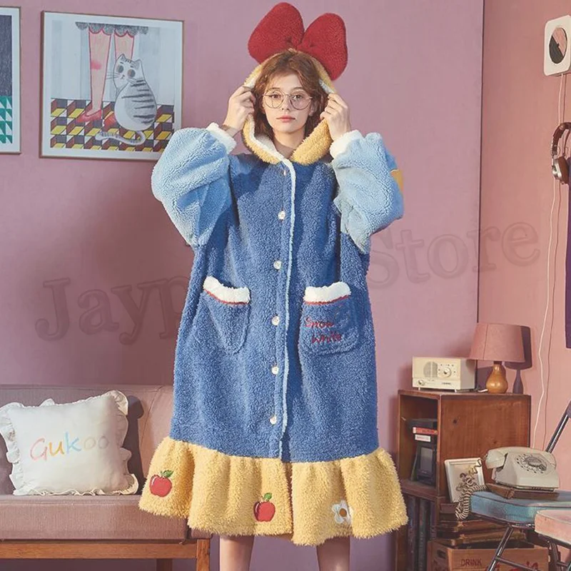 

Women Winter Warm Fleece Coral Color Snow White Nightgown Sleepwear Cute Kawaii Cartoon Pajama Homewear Female Pajama Bathrobe