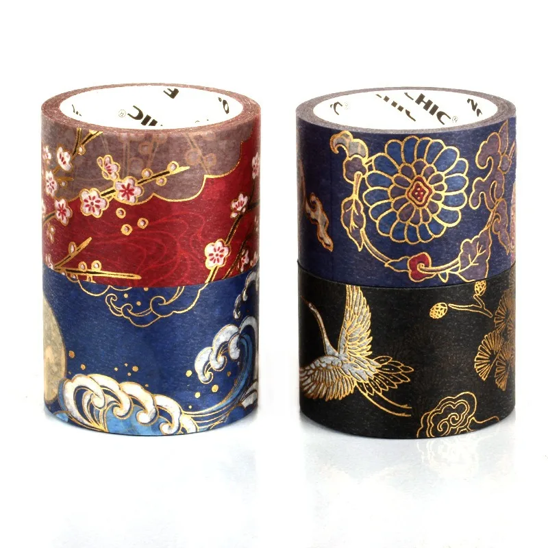 Ruban Washi du patrimoine impérial, paysage vintage chinois avec feuille d'or, large adhésif pour journal, étui à rouge à lèvres, artisanat de scènes anciennes