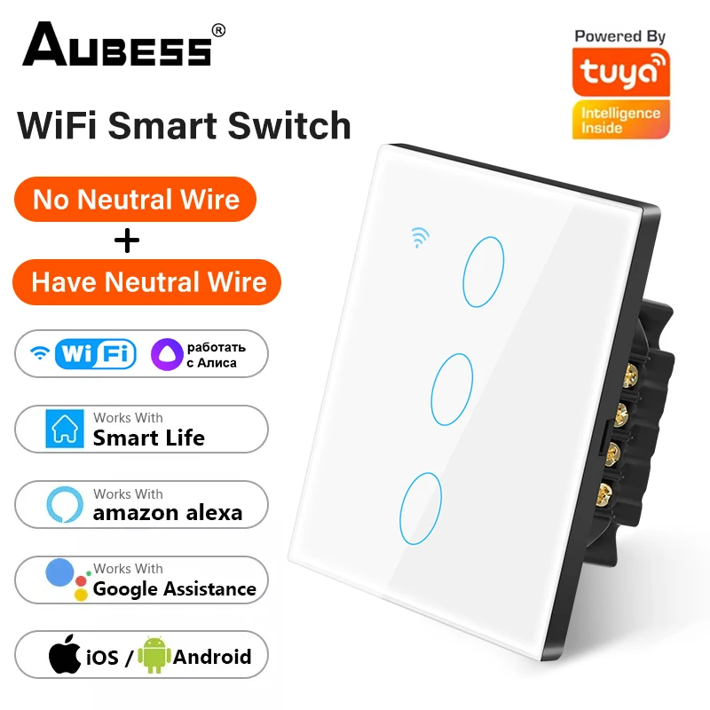 Tuya Touch Wifi EU Smart Switch Neutral System And No Neutral Required Smart Home 220V Switch,Alexa Google Alice 1/2/3/4 Gang