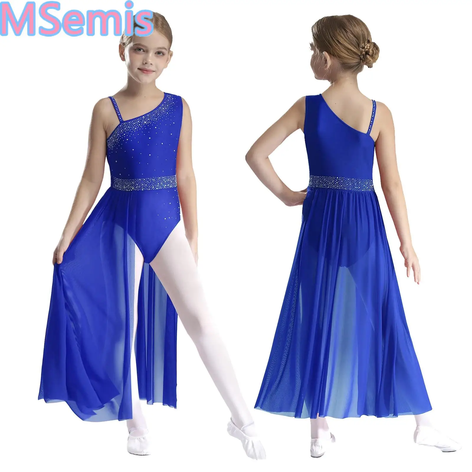 

Kids Girls Sheer Mesh Dance Skirted Leotard Lyrical Glittery Rhinestones Asymmetrical Shoulder Sleeveless Dancewear