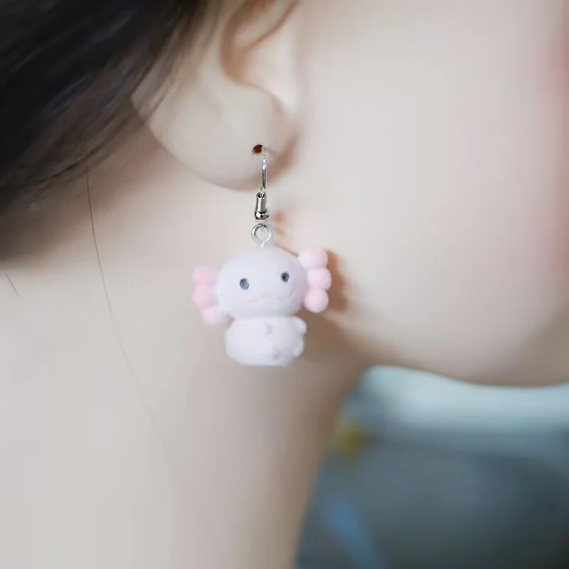 Cute Resin Flocked Axolotl Earrings, Pink axolotl Cartoon Animal Earrings,Holiday Party Gift