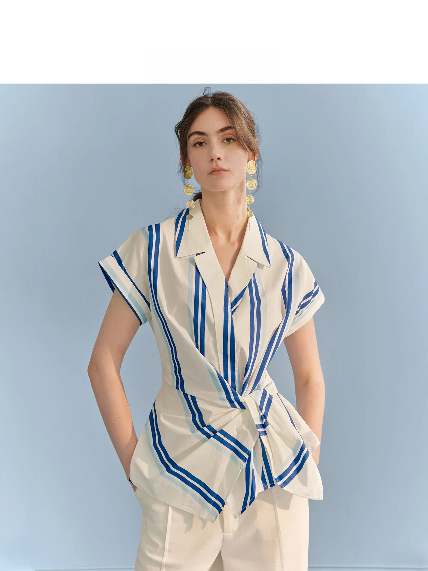 

Original AEL Blue White Striped Short Sleeve Women's Cotton Shirt Slimming Waist Design Summer Naval Style Pure Cotton Top