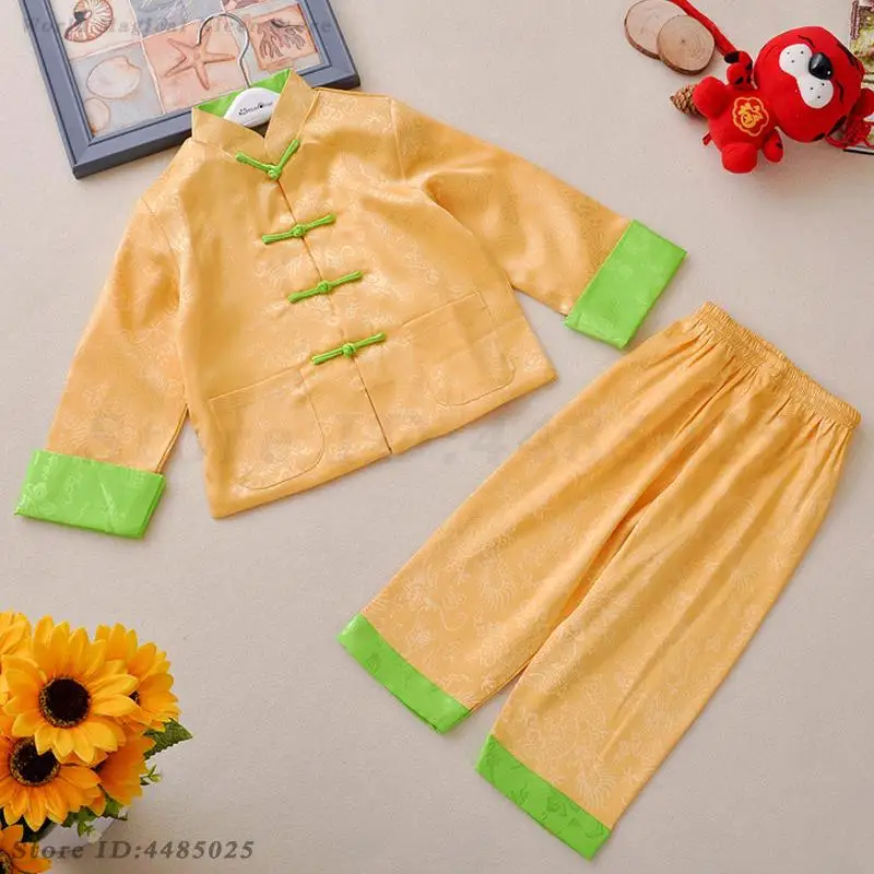 Chinese New Year Tang Clothes Child Hanfu Coat Pants Tang Suit Tradition Vintage Button Jacket Kids Qipao Set Kong Fu Clothing