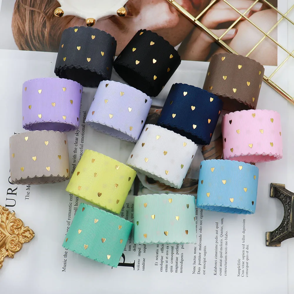 Bordo ondulato oro amore nastro Grosgrain 5 yarde per fiocco per capelli fatto a mano fai da te, decorazioni per feste di confezioni regalo,