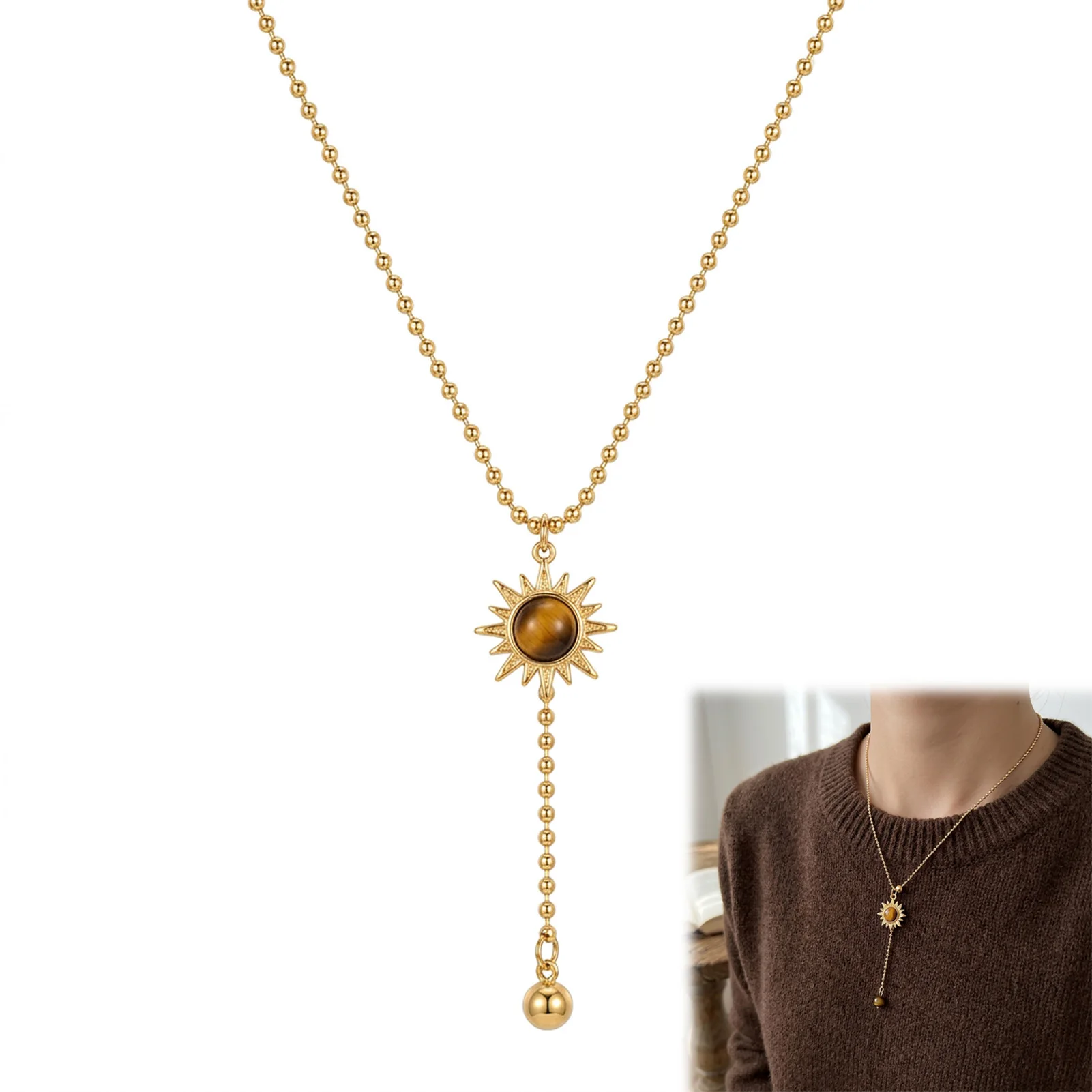 Golden Double Layer Tiger Eye Sunflower Necklace For Women With Adjustable Chain