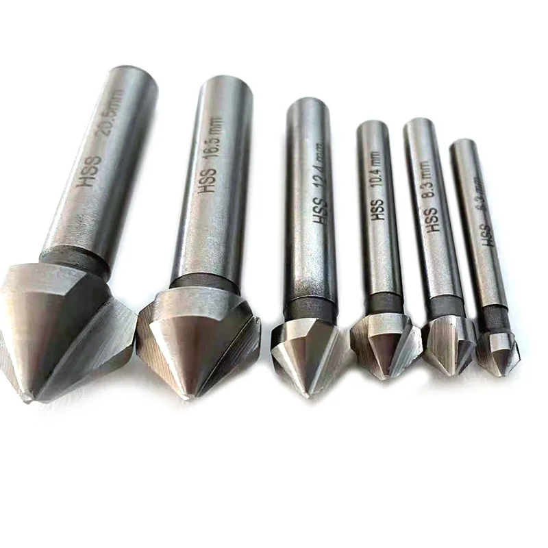 6pcs/set three-edge 90-degree full-grinding titanium-plated high-speed steel chamferer milling cutter spot facer hole opener set