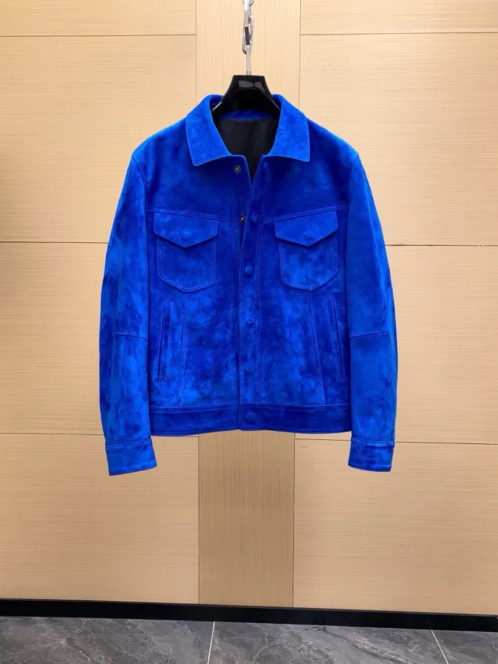 TF Men Old Money Style 26 Autumn Winter New Button Soft Deerskin Suede Lapel Vintage Short Leather Jacket