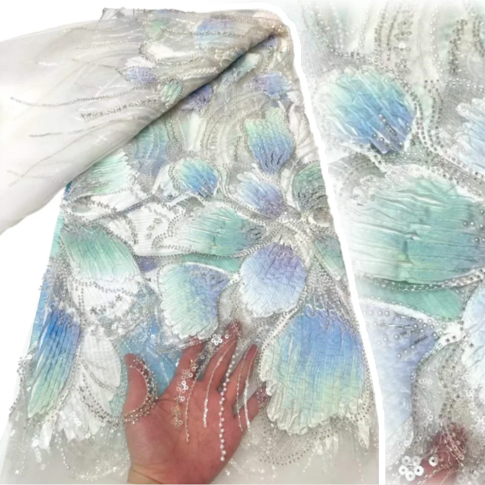 

3D Flower Tulle African Lace Fabric Elegant French Nigerian Beaded Sequins Mesh Lace for Women Wedding Dress Design Fabric 2594