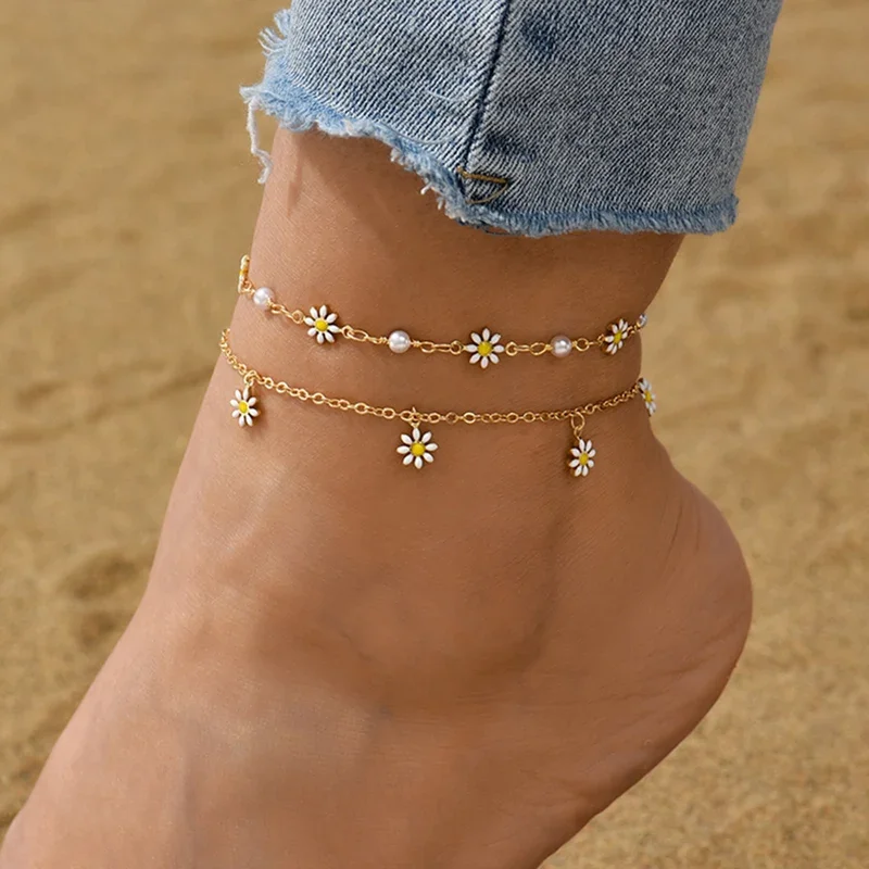 Elegant Daisy Flower Anklet with Handmade Pearl Chain Anklets for Women Summer Beach Sandals Accessories Bracelet on The Leg(Limit 1 per order. Extra orders ship 1 only.)