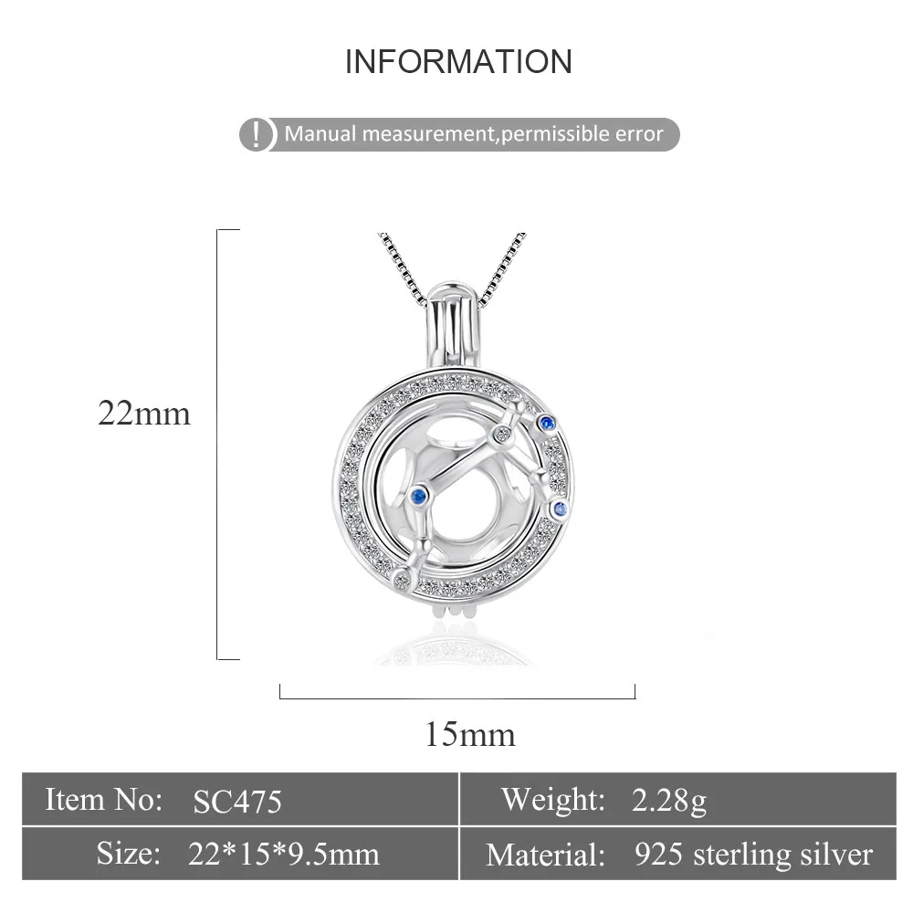 CLUCI 925 Sterling Silver CZ Classic Twelve Constellations Necklace Pendant DIY Pearl Charms Cage Pendant Fitting SC475-SC486SB