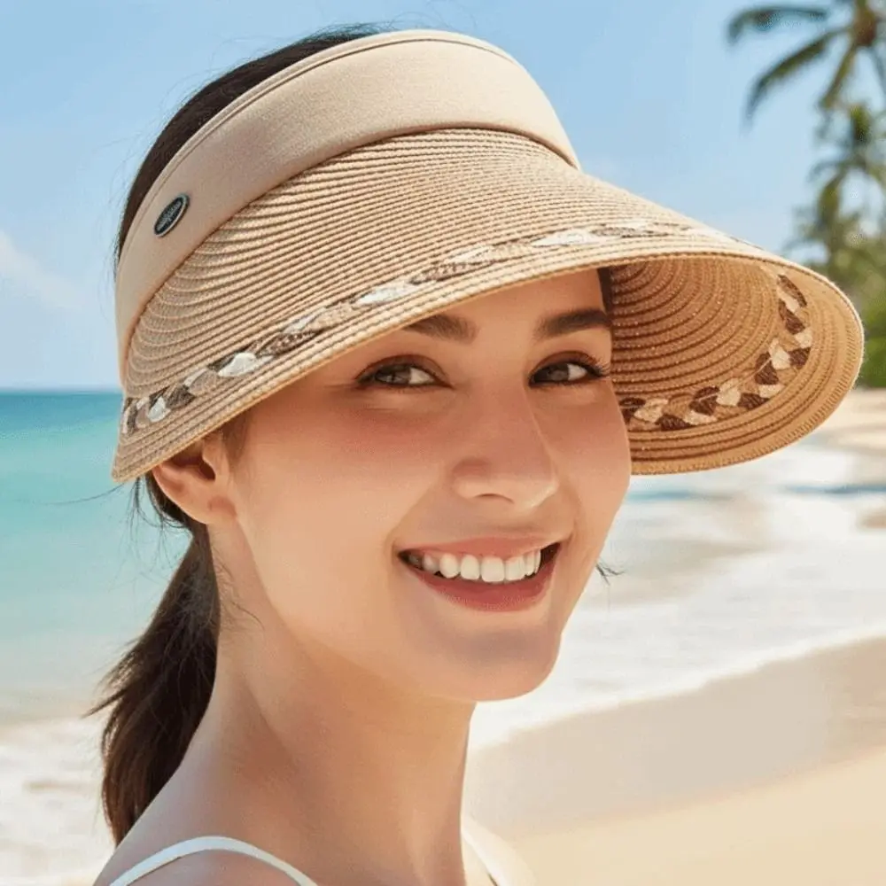 

Beach Portable Straw Visor Cap Breathable Solid Color Wide Brim Woven Cap Polyester Lightweight Folding Sunshade Hat Women