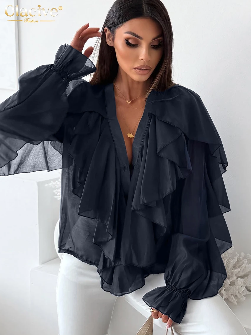 Clacive Fashion Kemeja Wanita Putih Longgar 2025 Kemeja Lengan Panjang Leher-v Seksi Atasan Solid Ruffle Klasik Elegan Pakaian Wanita