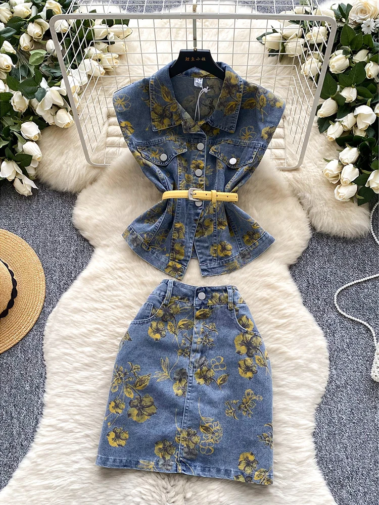 

Turn Down Collar Print Sleeveless Top Cardigan Shirt Slim Denim Package Hip Short Skirts Summer Women's Denim Skirt Set