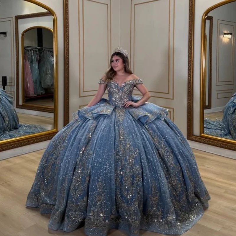 

Блестящее темно-синее платье Quinceanera с открытыми плечами, кружевное многослойное блестящее платье с длинным хвостом и бантом, платья de 15, Quinceanera ﻿ Индивидуальный