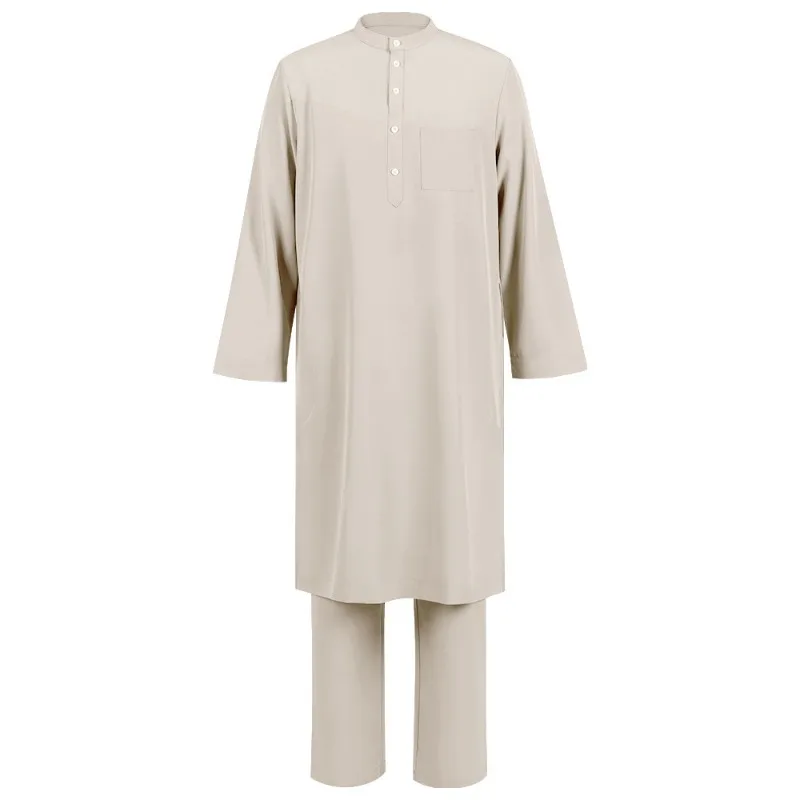 新しいイスラム教徒立ち襟ローブメンズ中東エスニックスタイル無地長袖ローブスーツ 2 点セット