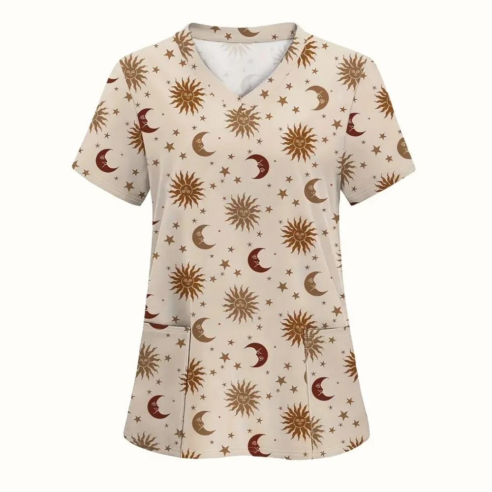 Women's Surgical Scrubs Casual Printed Nurse Uniform Surgical V Neck Scrubs Short Sleeve Tee Tops Surgical Uniforms Woman Clothe