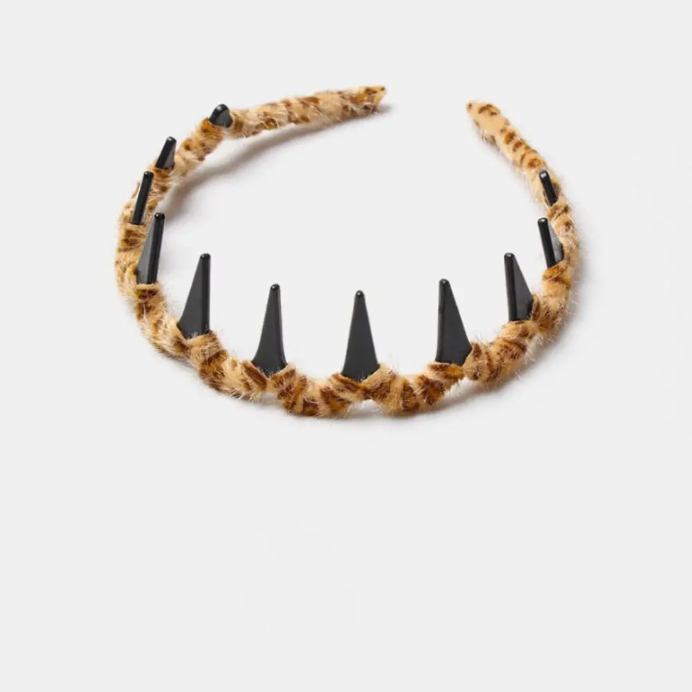 

High Elasticity Plush Teethed Hairband Leopard Pattern Vintage Hair Headband Anti Slip High Cranium Hairband with Teeth