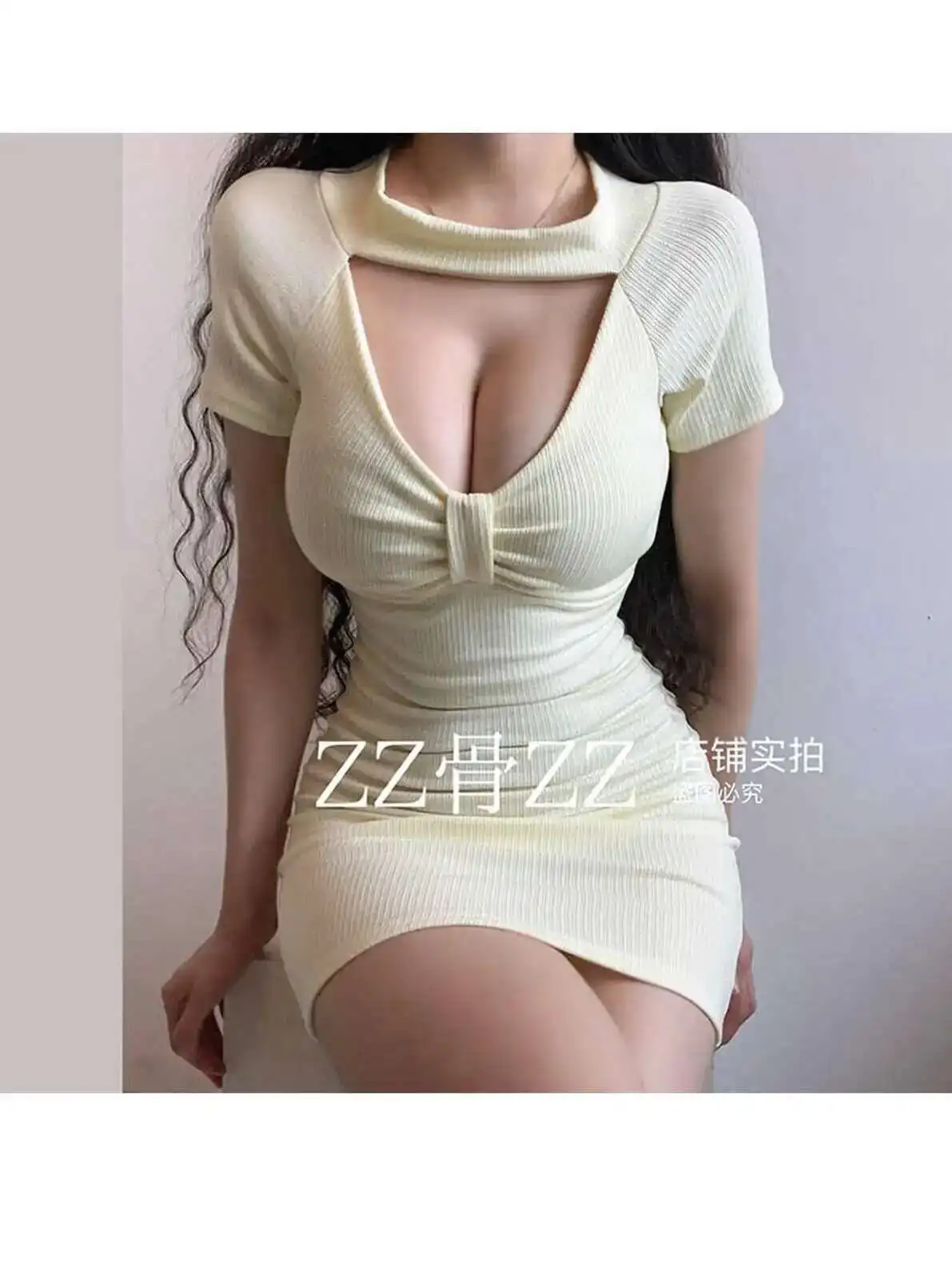 Shirt Nieuwe T Mini-jurk Elegante Vrouwelijke Stijl Ronde Hals Hol Pure Desire Mode Sexy Vrouwen 2024 Nieuwe Tops Beige O20Q