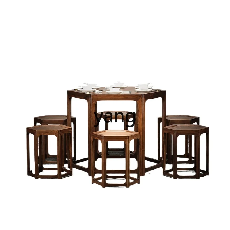 

YJQ new Chinese black walnut solid wood dining table and chair combination home retro negotiation hexagonal table