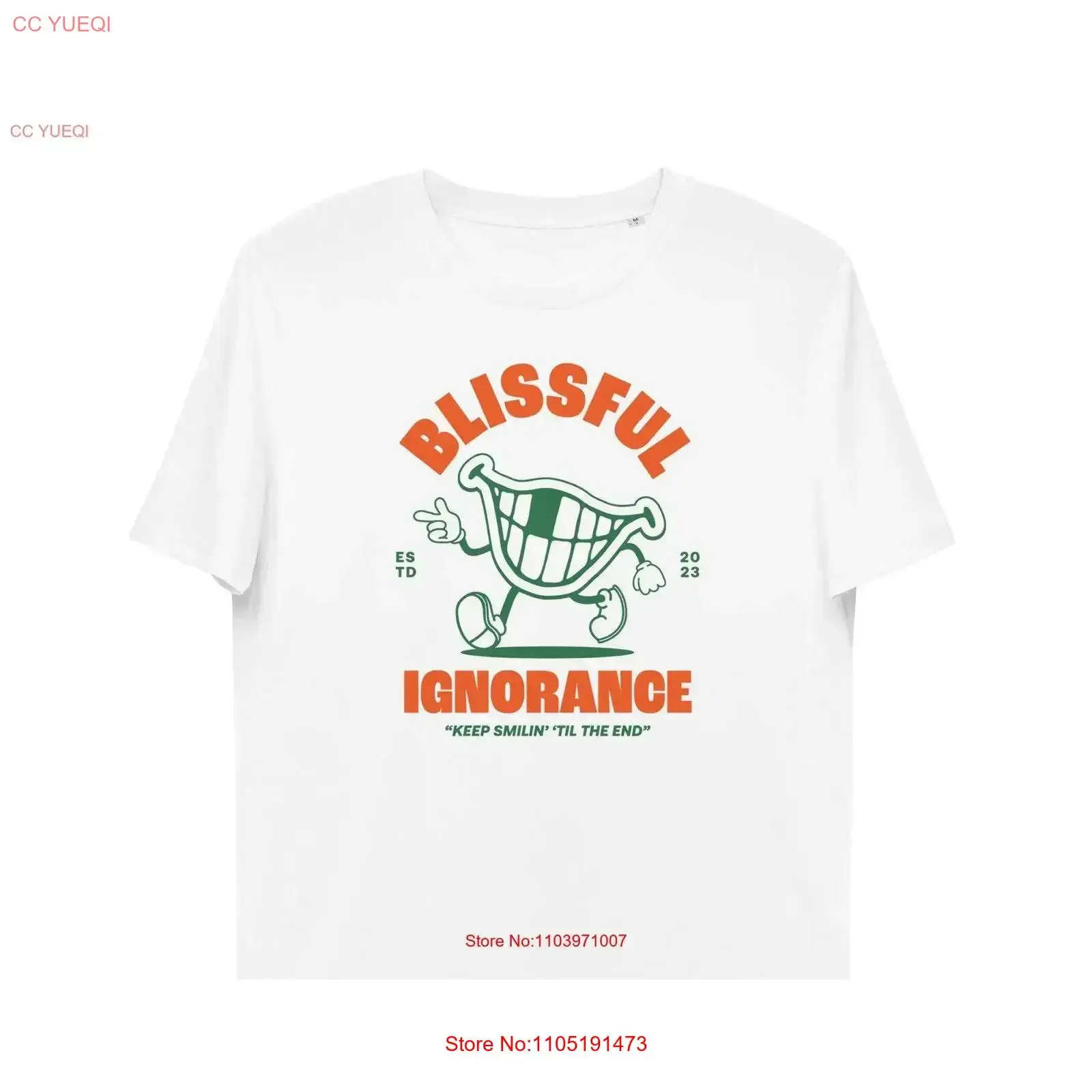 

Blissful Ignorance Keep Smiling' organic cotton T Shirt White vintage Washed Stretched Unisex graphic designer clothes Soft
