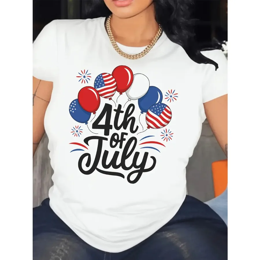 【New Arrival】Women 4th of July American Flag Balloon Firework Print T-Shirt USA Independence Day Casual Short Sleeve Cotton Tops