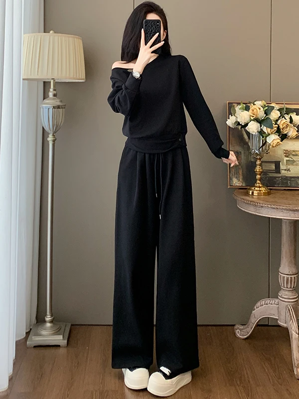 

Fashionable Korean Style Casual Black Long Sleeve Top And Wide Leg Pants Two Piece Set for Women Autumn Season Slimming Trick