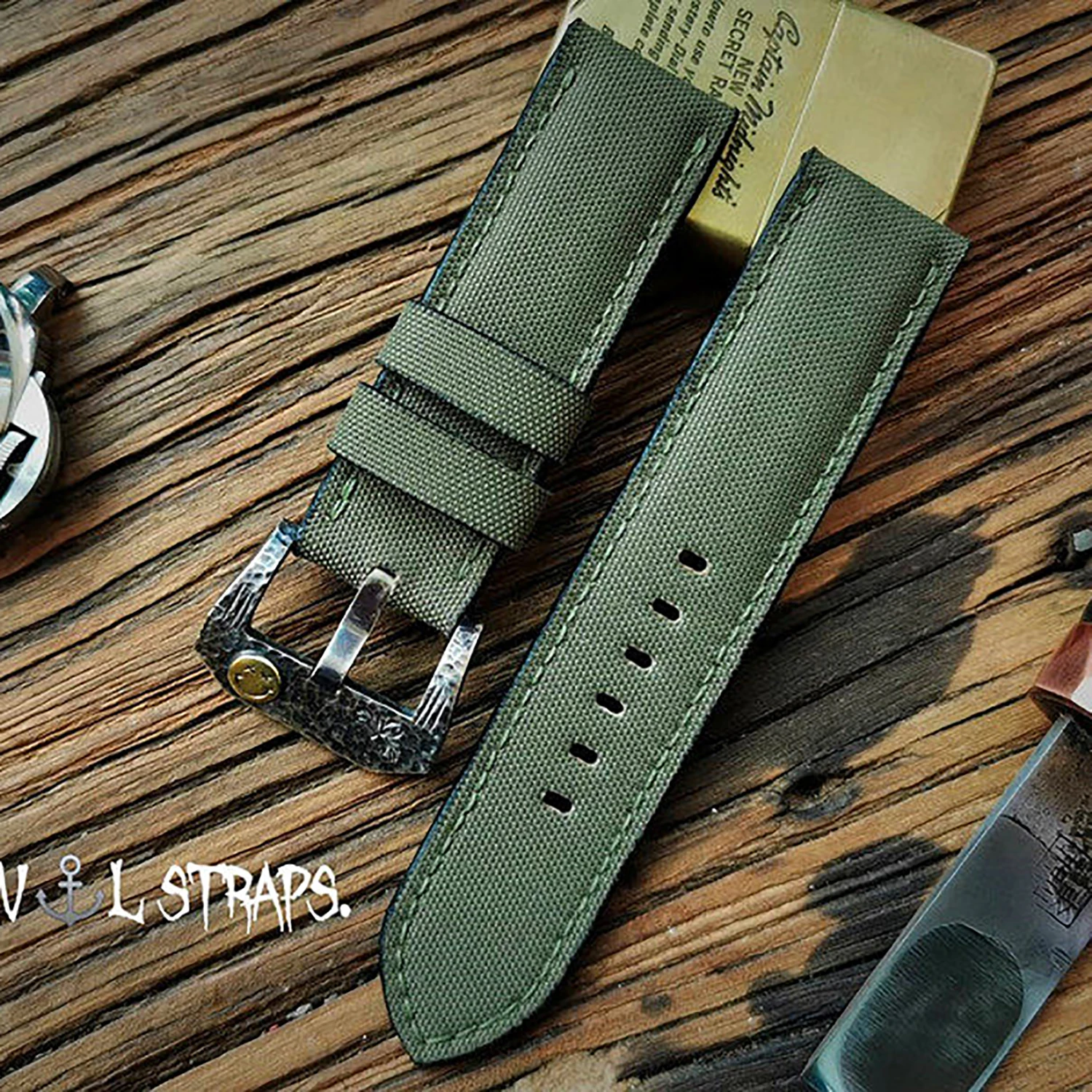 HANDMADE CUSTOM NYLON WATCH STRAP, WATERPROOF, SWEAT-RESISTANT, SOFT, BLACK, RED, PADDED, PIN BUCKLE