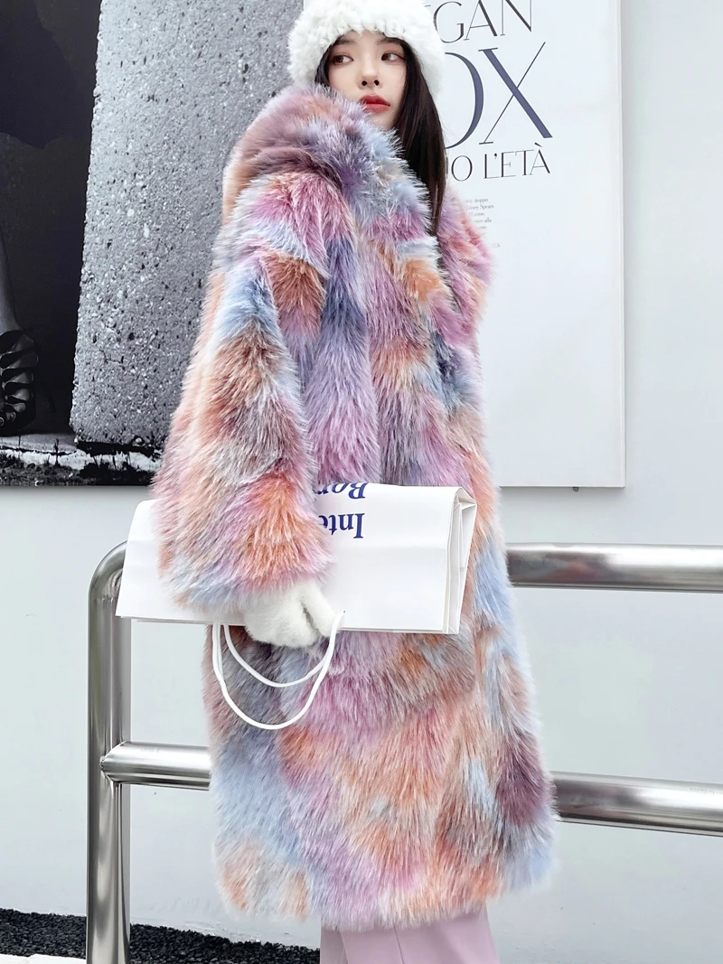 Female New Fashion Colorful Faux Fur Coat Lady Long Loose Colored Hooded Shaggy Outerwear Women\'s Winter Coats Promotion