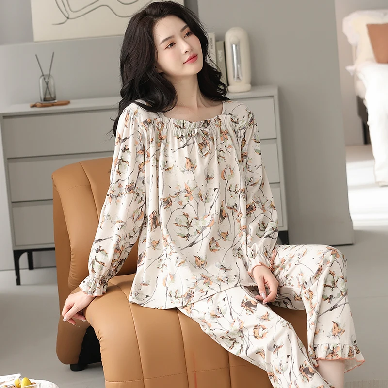 Women‘s Square Collar Pajamas Sets Fashion Print Lady Modal Cotton Pyjamas Set Big Yards M-4XL Sleepwear Loungewear Nightclothes