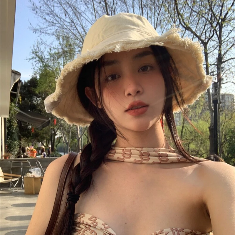 Ins Double-sided Wear Bucket Hats for Women Spring and Summer Big Brim Shading Show Face Small Korean Version Retro Sun Cap