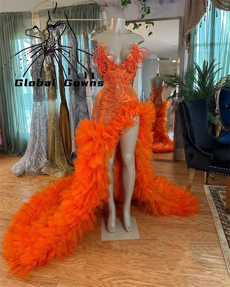 Orange Sweetheart Long Prom Dress For Black Girls 2024 Beaded Ruffles Birthday Party Dresses Puffy Slit Evening Gown Customzied