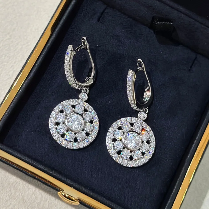 S925Silver Seiko High Sense Artificial Hollow Lucky SUNFLOWER Disc Earrings Full Diamond Ear Clip Jewelry Craft