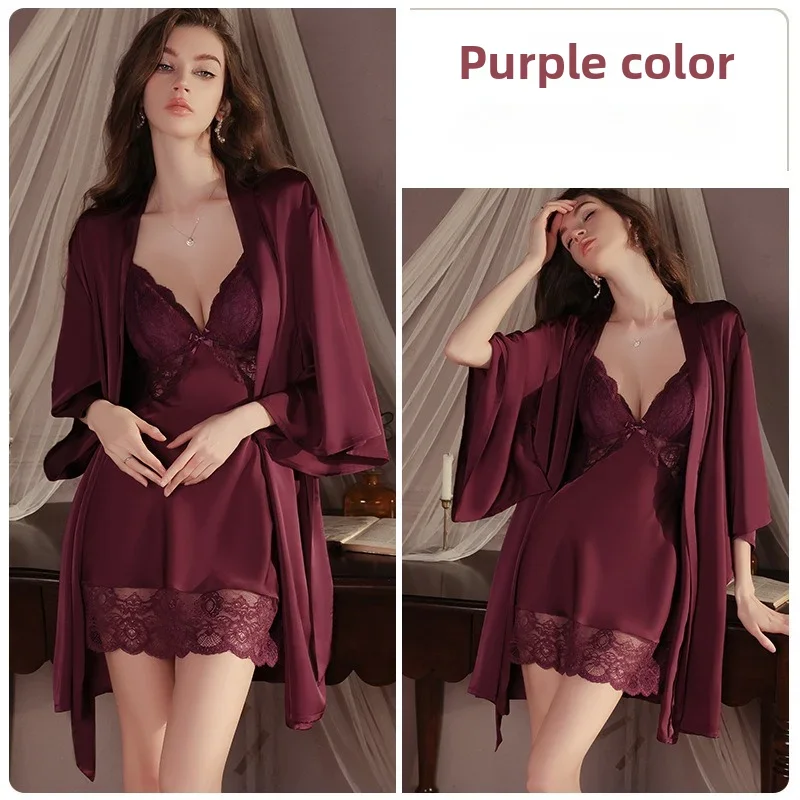 French Sexy Lace Satin Sleepwear Set Deep V Camisole with Padded Bra Backless Tie Nightgown and Robe 2 Piece for Women