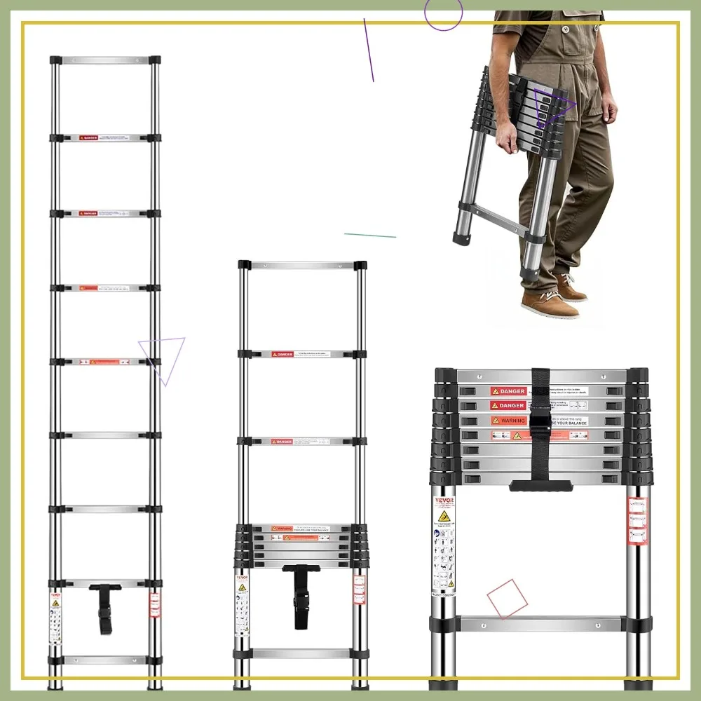 Телескопическая лестница из нержавеющей стали длиной 8,5 футов, легкая удлинительная лестница емкостью 330 фунтов с нескользящими ножками для домашнего использования