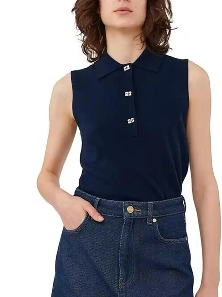 

2023 New Ladies Turn-Down Collar Slim Solid Color Tank Tops Women Sleeveless Single Breasted Wool Blend Knitted Vest Fashion