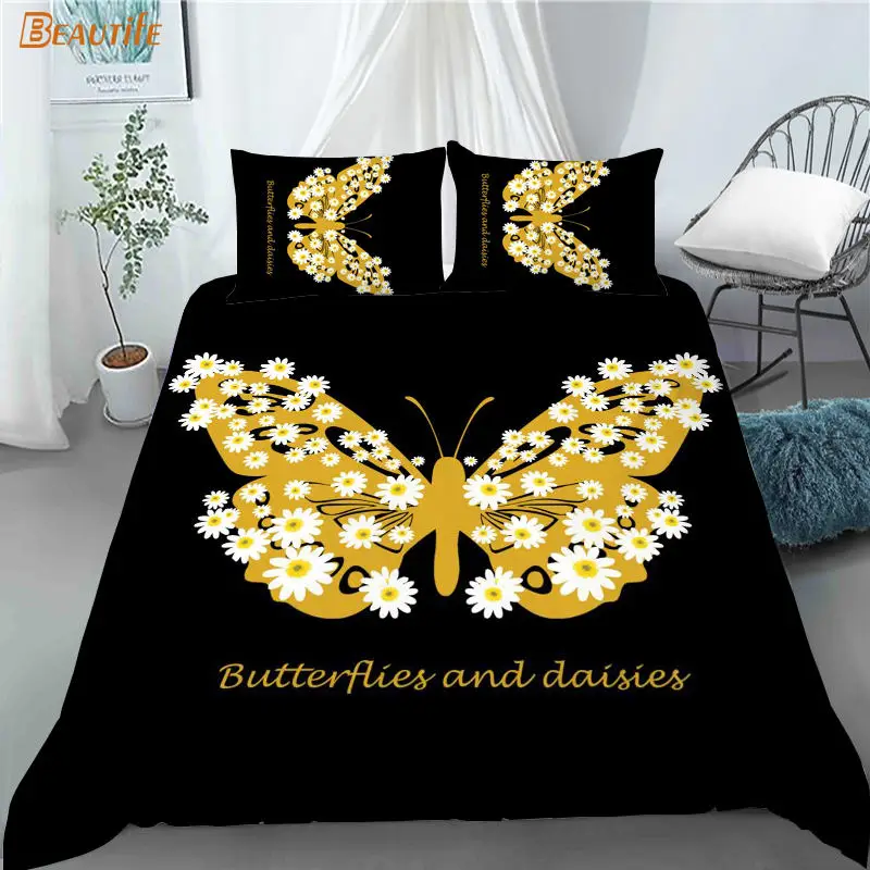 Hot Sale Butterfly And Flowers 1 Duvet Cover 2 Pillowcases Polyester Fabric Bedding Set Family Boy Kid Set Duvet Cover Set