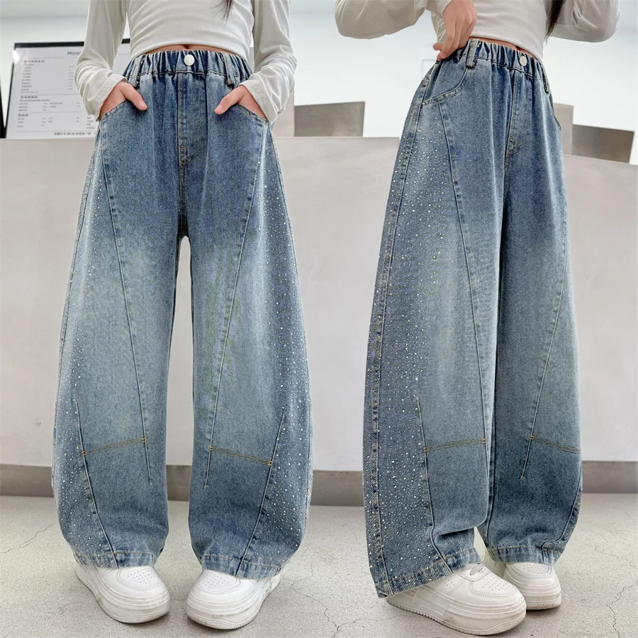 

New Spring Autumn Children Loose Straight Curved Jeans with Rhinestones For Kids Girls Trendy American Crystal Denim Pants 5-14Y