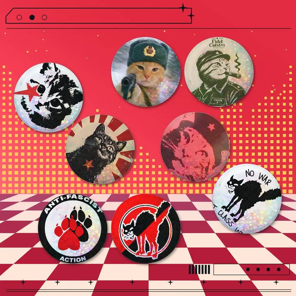 Antifascist Antiwar Kitten Cat Custom Holographic Badge Pins 2 Pieces Set Round Brooches for Backpack Clothes Hat Bag Gift