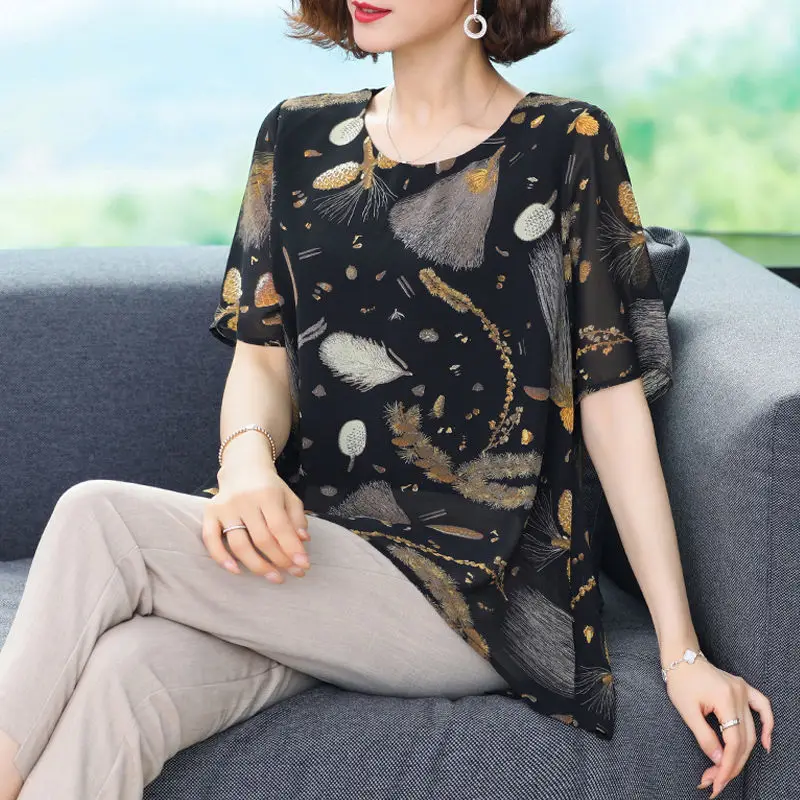 Vintage Loose Printed Stylish Spliced Shirt Women\'s Clothing Commute Round Neck Summer New Casual Short Sleeve Irregular Blouse