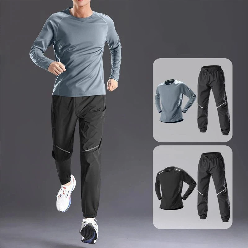 Mens Summer Ice Silk Quick Dry Two Piece Set Long Sleeve T Shirt Jogger Pants Running Cycling Gym Training Sports Outfit S 3XL view 3